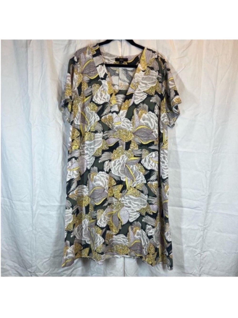 Ellos Linen Blend Floral Abstract V neck Shift Dress